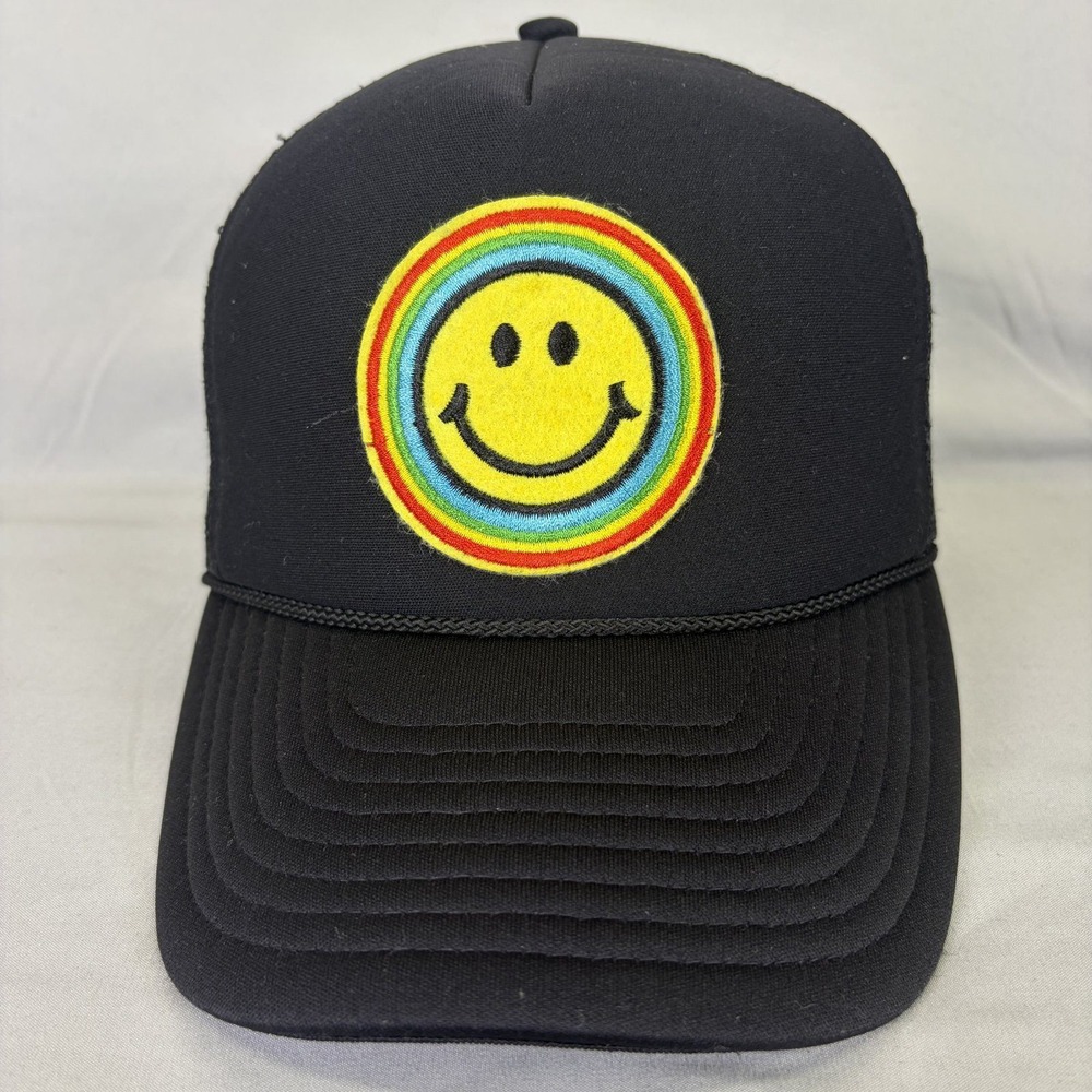Nissin Cap Trucker Hat Smiley Face Unisex OSFM Black Rainbow Patch Snapback
